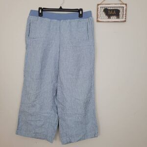 J Jill Love Linen 100% Linen Striped Blue Cropped Pants Sz M Pull On Elastic Wai